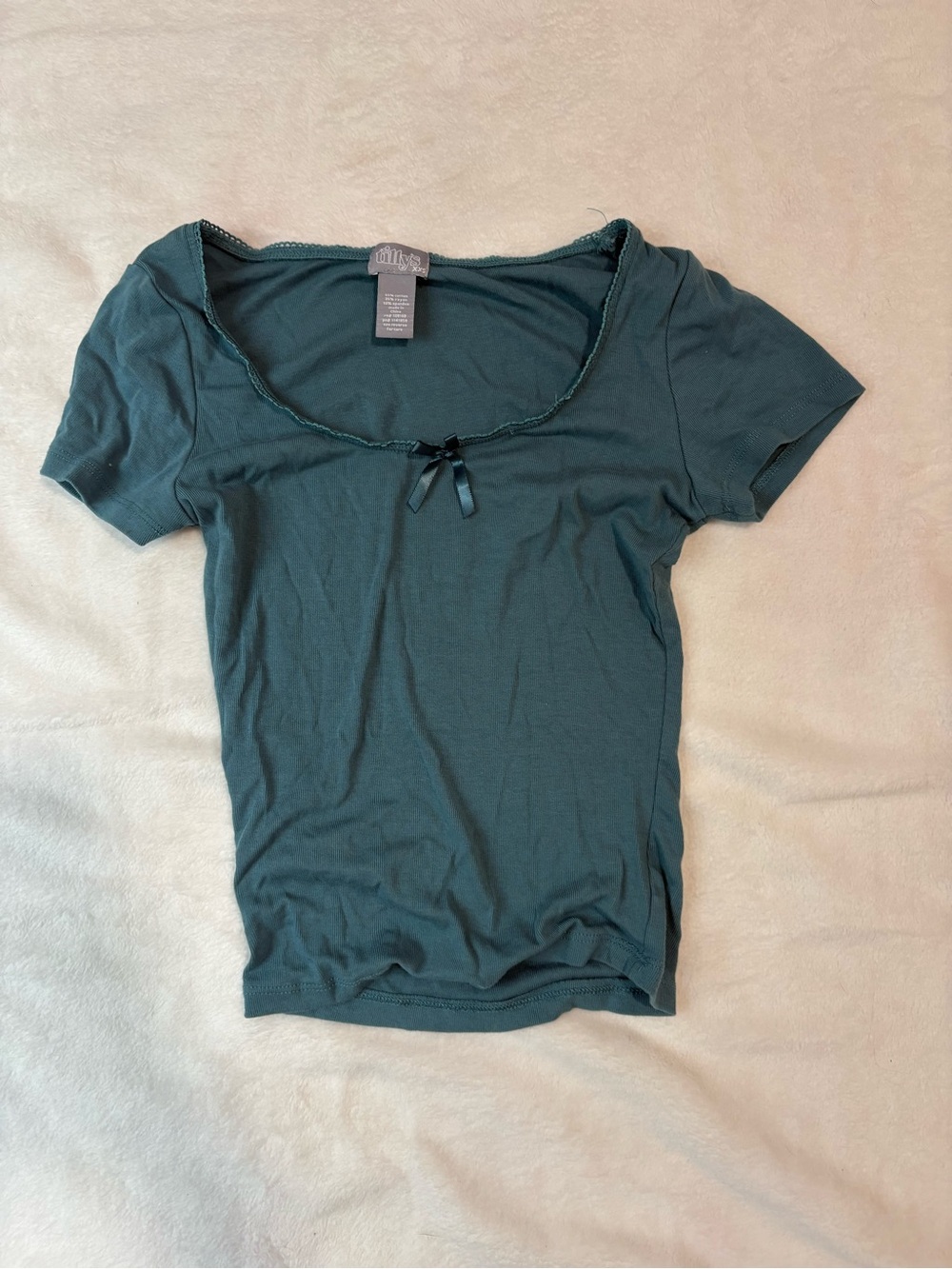 Tilly's Teal Scoop Neck Short Sleeve Tee with Bow Trim